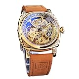 FORSINING Fancy Uhren für Männer, quadratische Retro mechanische Uhr Self-Wind geschnitzt, Gear Uhrwerk Golden Skelett Automatische Uhren Vintage Lederarmband Armbanduhr