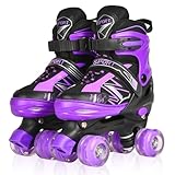 LOKJIJI Rollschuhe für Kinder Jungen Mädchen Anfänger, Einstellbar 4 Größen für Kinder und Jugendliche Teenager, Quad Schwarz & Violett Rollschuhe für Sport (Medium_32-36 EU)