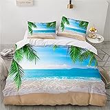 Damier Bettwäsche 155x220 3 Teilig Strand Meer 3D Bettwäsche Blau Grün Beach Meer Bettbezug Set Weich Mikrofaser Bettwäsche für Zimmer Deko Hawaii Strand mit Reißverschluss und 2 Kissenbezüge 80x80 cm