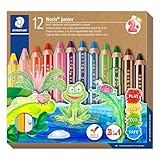 STAEDTLER 3in1 Buntstift Noris junior, Bunt-, Wachsmal- und Aquarellstift, extra bruchsicher, ideal für Kinder, für viele Oberflächen, Kartonetui mit 12 Farben inkl. Spitzer, 140 C12