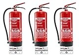 3 Pulver-Feuerlöscher – Protex Pulverfeuerlöscher – 6 kg - für die Brandklassen ABC – Zertifiziert nach DIN EN 3 und CE – je 9,5 kg – mit praktischer Halterung – mit Prüfplakette - Made in EU