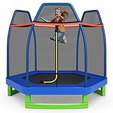 COSTWAY Ø223cm Gartentrampolin mit Sicherheitsnetz, gepolsterten Stangen & Randabdeckung, Trampolin Kindertrampolin bis 150KG belastbar, Indoor-/Outdoortrampolin für Kinder ab 3 Jahre (Blau)