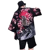 Siehin Herren Kimono Cardigan Japan Happi Kimono Frühling-Sommer Jacke Yukata Coat Ukiyoe Baggy Tops (M (Label:XL), Schwarz)