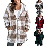 Winterjacke Damen Lässige Warme Plüsch Gitter Winterjacke Langarm Plüschjacke Casual Mantel Winter Kapuzenpullover Mit Kapuze Tasche Reißverschluss Vintage Wintermantel warmer Shacket-Jacke