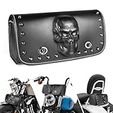 Quixofiber Lenkertasche Motorrad Wasserdicht, Gepäckrolle Motorrad Tasche mit 3D Totenkopf, Sissybar Tasche PU Leder, Satteltaschen für Motorrad mit 2 Verstellbaren Riemen (Schwarz)