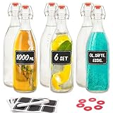 Praknu 6er Set Glasflaschen 1l mit Bügelverschluss - Bügelflaschen Zum Befüllen - inkl 6 Extra Dichtungen & 12 Etiketten mit Stift - Glasflaschen für Öl, Essig, Saft & Limonade