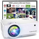 TOPVISION Mini Beamer, Native 720P Heimkino Beamer Unterstützt 1080P Full HD, 7000 Lux Video Beamer mit 300'' Display, 120000 Stunden LED Projektor Kompatibel mit HDMI/USB/SD/AV/VGA