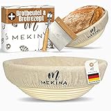 Gärkörbchen Set von Mekina 25cm rund mit Stoffeinsatz, Zubehör zum selber backen von Brot, mit Teigschaber aus Edelstahl, Bäckerklinge, 5 Ersatzklingen im Etui, Brotbeutel, Anleitung und Rezept