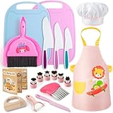 Juboury Kindermesser 18-Teiliges Kinder Schneideset, Montessori Messer, Kinder Schneidemesser, für Echtes Kochen mit Holzmesser, Schneidebrett, Kochschürze, Geburtstagsgeschenk für Kinder ab 3 Jahren