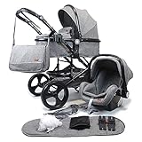 Pixini Kalani Kinderwagen 3 in 1 Komplettset inkl. Babywanne & Buggy & Auto-Babyschale + Wickeltasche/Regenplane/Getränkehalter/Mückennetz in grau