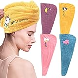 SPOKKI 4 Haarturban, 4 Farben Cartoon Druck Turban Handtuch mit Knopf, Kopfhandtuch aus Mikrofaser, Extra Saugfähig Schnelltrocknend Handtuch, Haar Trocknendes Tuch für Alle Haartypen (Tiere)