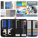 Kalour 74 Zeichen-Skizzen-Set – Pro Art Supplies mit Skizzenbuch und Aquarellpapier – inklusive Aquarell, Graphit, Farbig, Metallic, Pastell, Kohlestift – für Künstler, Anfänger, Erwachsene, Teenager