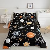 Loussiesd Weltraumrakete Drucken Bettdecke 200x200cm für Kinder Jungen Teens Cartoon Galaxy Steppbett Universum Planeten 4-Jahreszeiten Bettdecke Hand Gezeichnet Raum Schwarz Steppdecke