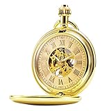 TREEWETO Unisex Taschenuhr mit Kette Analog Handaufzug Antik Skelett Römische Ziffern Gold