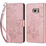 Handyhülle für Samsung Galaxy S7 Hülle, Samsung S7 Hülle, Premium Leder Flip Klappbare Stoßfeste Magnetische [Standfunktion] [Kartenfächern] Schutzhülle Tasche - Roségold Schmetterling