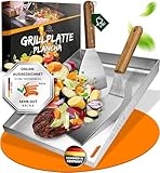 LIKAYA® Grillplatte/Plancha [30 x 40 x 4cm], massiver 4mm V2A Edelstahl inkl. 2x Grillspachteln mit FSC®-Akazienholz Griff - perfektes Grillzubehör!