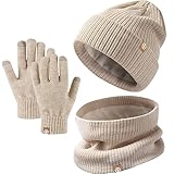 Winter Beanie Hut, Schal, Handschuhe Set,Kinder Wintermütze Schal Handschuhe Set, Mütze Warme Beanie Hut Jungen Touchscreen Handschuhe Runder Schal Set für 5-12 Jahre (Khaki)