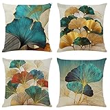 NIULAA Kissenbezug 40x40 4er Set Türkis Gold Ginkgo Deko Kissen Kissenhülle Dekokissen Natur Landhausstil Dekorative Sofakissen Leinen Kissenbezüge Luxus Decor für Sofa Couch Wohnzimmer