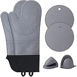 Ofenhandschuhe Topflappen Backhandschuhe Silikon: Küchenhandschuhe Set Hitzebestaendig 230°C- 2 Ofenhandschuhe 2 Topfuntersetzer 2 kleine Topfgriff für Küche Kochen Backen Grillen Mikrowellenofen Grau