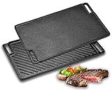 Velaze Grillplatte Gusseisen, Grillpfanne Doppelseitig Verwendbar, Hochwertige Bratplatte aus Gusseisen für Fleisch und kleine Grillstücke, Für Gasgrill, Kohlegrill & Elektrogrill - 45.5 x 26cm