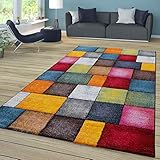 TT Home Kurzflor Teppich Wohnzimmer Bunt Rot Gelb Grün Blau Karo Muster Mosaik Design, Größe:60x110 cm