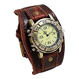 Silverora Herrenuhr Leder Herren Uhr: Steampunk Analog Quarz Armbanduhr Gotik Verstellbar Echt Lederarmband Uhren mit breite Manschetten Halloween Zubehör Geschenke für Männer Jungen Dunkelbraun