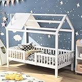 JOROBURO Kinderbett 90x200cm mit Stauraum, Massivholzrahmen mit Sicherheitsgeländer, modernes Design, einfacher Aufbau, platzsparendes Kleinkinderbett für Jungen und Mädchen, weiß