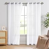 JuFang Sheer Voile Vorhänge mit Ösen Transparente Gardinen für Schlafzimmer,Wohnzimmer, 2 Stücke Ösenschal,Weiß,225x140cm(HxB)