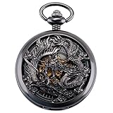 ManChDa Retro Taschenuhr Herren mit Kette analog Handaufzug Drache Phönix Skelett Römische Schwarz