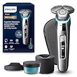 Philips Shaver S9000 – Elektrischer Nass-& Trockenrasierer für Männer, Dunkelchrom, Lift & Cut System, SkinIQ Technologie, Barttrimmer, Reinigungsstation, Ladestation & Reiseetui (Modell S9974/55)