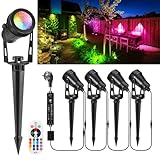 Greenclick Gartenbeleuchtung LED 15m 4er RGB Gartenstrahler mit Strom Erdspieß 12V 3W 1200lm Farbig Gartenleuchte IP65 Wasserdicht Bunt Gartenlampe mit Fernbedienung Timer für Garten Rasen Yard Zaun