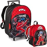 alles-meine.de GmbH 2 TLG. Set Kinder Trolley + Rucksack Miracul. - Ladybug und Cat Noir inkl. Name - wasserabweisend & beschichtet - für Mädchen & Jungen - Trolly mit Roll..