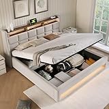 DEKKETO Boxspringbett mit Stauraum, Polsterbet 180x200 Doppelbett mit LED und 2 USB-Anschluss, Hydraulisch Stauraumbett Rückenlehne Bettgestell, Lattenrost aus Holz ohne Matratze, Beige