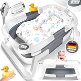 KIDIZ® Baby Badewanne | Babywanne platzsparend & faltbar | Badebecken Duschwanne für Neugeborene Kleinkinder 0-24 Monate | Reisedusche tragbar für Babys | Bathtub ergonomisch mit Thermostat & Kissen