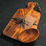 What the Art!® Olive Wood «Le Provençal» Gr. M | Olivenholz Schneidebrett inkl. Dip-Schälchen | Handarbeit | 30 x 15 x 2 cm | Käsebrett - Servierbrett - Brotzeitbrett - Vesperbrett