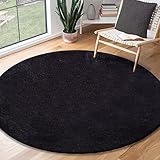 the carpet Relax Moderner Flauschiger Kurzflor Teppich, Anti-Rutsch Unterseite, Waschbar bis 30 Grad, Super Soft, Felloptik, Schwarz, 120 x 120 cm Rund