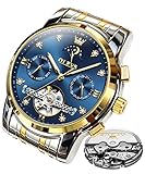 OLEVS Herrenuhren Automatik Mechanische Blau Armbanduhr mit Skelettiertem Tourbillon Kalender Wasserdicht Leuchtende Klassische Luxus Armbanduhren für Herren