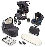 BABYGO Kinderwagen 3 in 1 Styles - Kombikinderwagen Komplettset mit Babywanne, Buggy Sportsitz und Auto-Babyschale - Wickeltasche/Regenschutz/Matratze - Schwarz/Rosegold