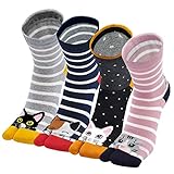 PUTUO Damen Tabi Flip Flops Socken Baumwolle Zwei-Zehen-Socken Bunte Geta Socken Kurze Zehensocken mit Gestreiftes und Tier Muster Frauen Tabisocken, Größe 35-41, 4 Paare