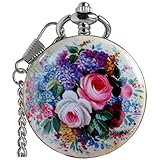 VIGOROSO Manuelle mechanische Taschenuhr im Vintage-Stil mit Blumenmotiv für Damen und Herren, elegante aufziehbare Taschenuhr, Skelett mit Kette und Geschenkbox, Pink, Taschenuhr