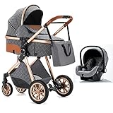 OneMoreBuck® 3 in 1 Kinderwagen Komplettset, Kombikinderwagen Set incl. Babywanne Buggy Babyschale, mit Fußsack Alu-Rahmen Voll-Gummireifen Wickeltasche Moskitonetz Sommermatte Regenschutz