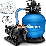 tillvex Sandfilteranlage 10 m³/h - Filteranlage 5-Wege Ventil | Poolfilter mit Druckanzeige | Sandfilter für Pool und Schwimmbecken (Blau)