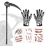 BARVERE Sense Halloween, Halloween Sensenmann Sense Set mit 2 Schädel-Handschuhe und 3 Halloween Tattoo Narben und Wunden, Halloween Kostüm für Todessense Cosplay, Horror Sichel Grim Reaper