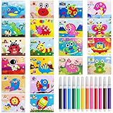 Unvtap 20 Stück Schaumstoff Aufkleber Puzzle 3D Sticker Kinder EVA Cartoon Aufkleber mit 12 Aquarellstifte, Mosaik Bastelset DIY Sticker Tiere Bildungsspielzeug für Kinder Jungen und Mädchen Geschenk