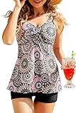 Breampot Tankini Damen Bauchweg Bedruckter Bademode Zweiteiler Badeanzug Push Up Swimsuit Beachwear (X-Large, Stil 1 Kaffee)