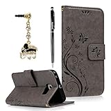 Badalink Hülle für Samsung Galaxy S6 Edge Schutzhülle Flip Bunt PU Leder Ledertasche Wallet Case Brieftasche mit Magnetverschluss Carving Reben Blumen Schmetterling Butterfly Muster Cover Handyhülle Schale Stand Halter Falten Standfunktion und Cardslots Kredit Karte Kartenfächer Grau +Eingabestift +Staubstecker