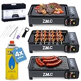 ZMC 2-in-1 tragbarer Gaskocher + Gasgrill Klein inkl. Zubehör, mit 4X Gaskartuschen, Campingkocher, mit Grillplatte + Grillrost, Tischgrill mit Tragekoffer, 3,8kg, Piezo-Zündung, für Outdoor, Balkon