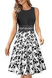 HOMEYEE Damen Vintage Rundhals Ärmellos Blumen Bestickt Knielang Cocktailkleid A079 (M, Weiß + Schwarz Blumen)