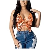 WanWorlder Damen Bauchtanz Kostüm BH Oberteil mit Pailletten Perlen Schmetterling Träger Top Halfter Crop Top Belly Dance Tanzkleidung (Orange, Freesize)