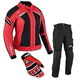 BOSmoto DAMEN MOTORRADKOMBI JACKE + HOSE + HANDSCHUHEN - BIKE MOTORRAD ROCKER TOURING in verschiedenen farben (M, Rot)